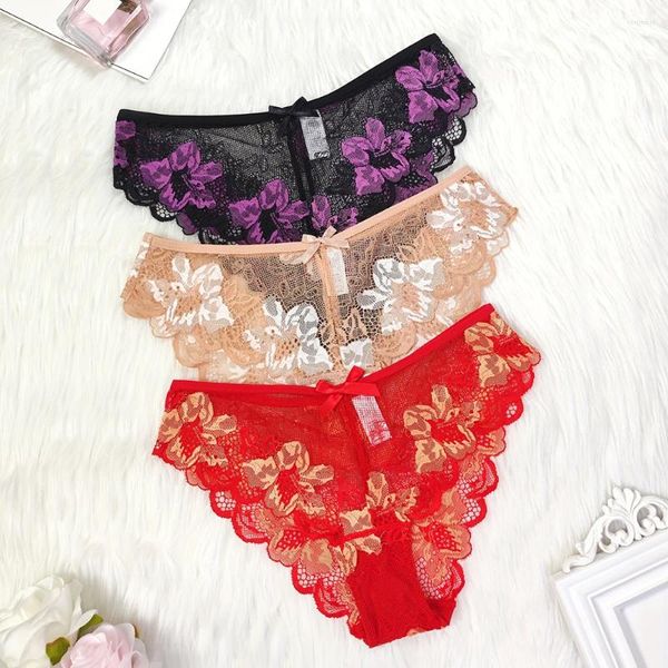 Bragas de mujer 3 unids sexy encaje ropa interior de mujer transparente cintura baja cómodo transpirable más tamaño damas calzoncillos conjunto ahueca hacia fuera la cadera