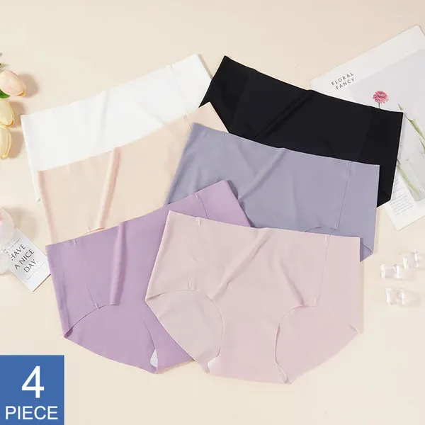 Bragas para mujer, 4 Uds., bragas japonesas sin costuras de colores claros, ropa interior femenina de cintura alta, lencería íntima de una pieza de seda helada