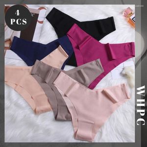 Bragas para mujer 4 unids/set ropa interior de seda para mujer en forma de V Bikinis sexy piezas sólidas sin costuras lencería femenina Slip Femme