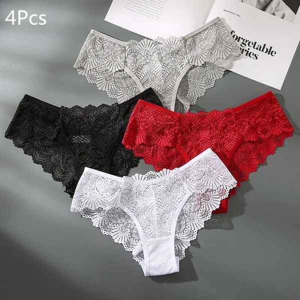 Culottes pour femmes 4pcs Mode Sexy Slip confortable Exquis Short sans entrejambe Solide Lingerie Dentelle Creux Sous-vêtements Femmes