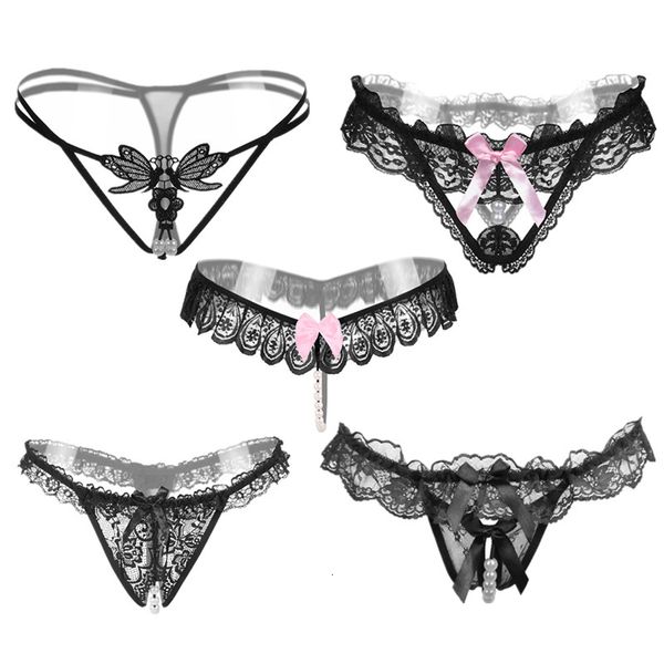 Bragas de mujer 5pcslot 5 Estilo Color negro Bragas de perlas Ropa interior de mujer Sexy G String Tangas de encaje Cintura baja Bowknot Cuerdas 221202