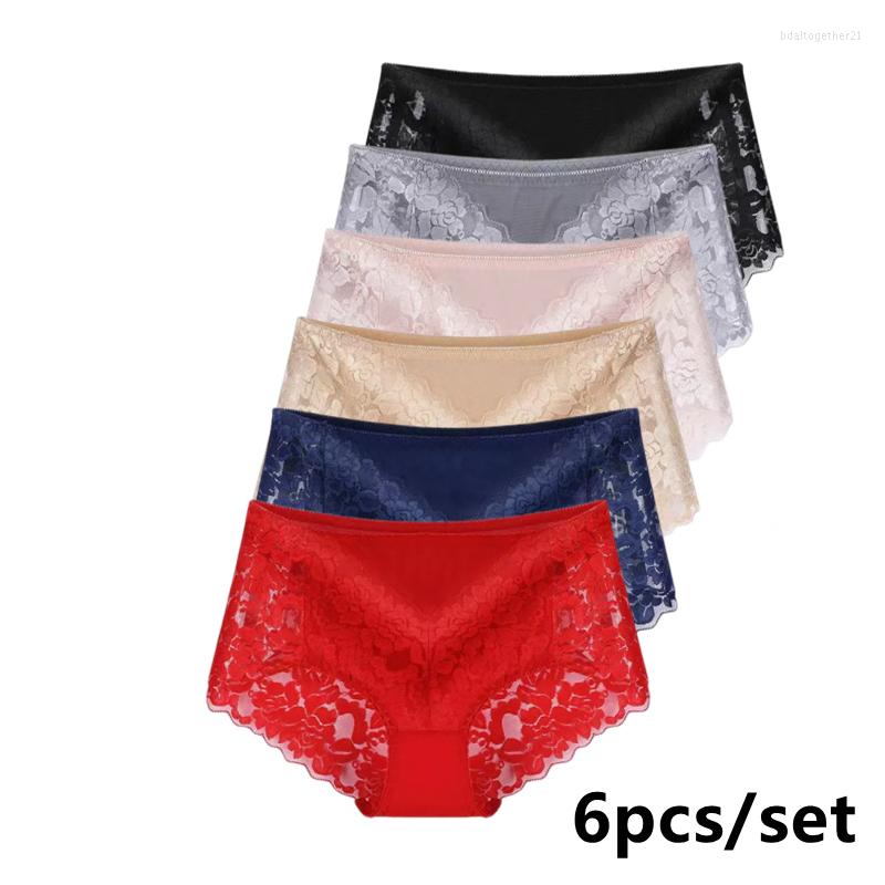 Women's Panties 6pcs/set Lace Sexy Mesh Women's Mid-high Waist Underwear Large Size Lingerie For Women Briefs Plus 4xl 5xl Bragas