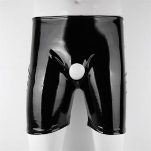 Culotte Femme Noir Mens Brillant Short En Cuir Verni Wetlook Ouvert Pénis Trou Crotchless Boxer Brillant Ceinture Élastique Pant294u