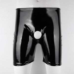 Culotte Femme Noir Mens Brillant Short En Cuir Verni Wetlook Ouvert Pénis Trou Crotchless Boxer Brillant Ceinture Élastique Pant290g