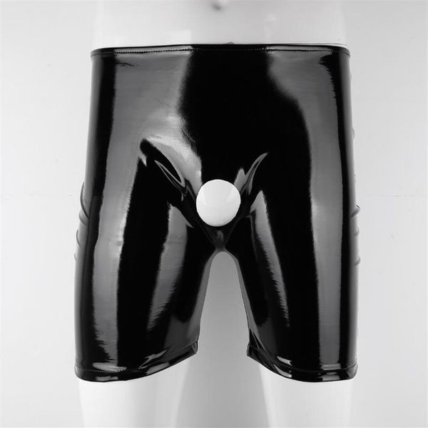 Bragas de mujer Negro para hombre brillante charol pantalones cortos Wetlook Open Penis Hole Crotchless Boxer brillante cintura elástica Pant294U