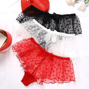 Bragas de mujer, ropa interior Sexy transparente de malla con lazo, calzoncillos Boxer eróticos invisibles con volantes de encaje negro y entrepierna de algodón