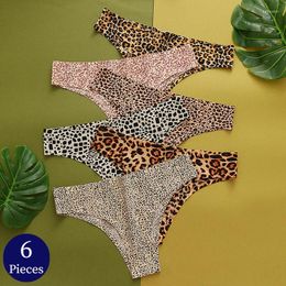 Culotte de femmes bzel 6pcs / set Fashion Leopard Bikini Thongs sexy sous-vêtements en soie en soie en satin de lingerie Sports Fitness G-string