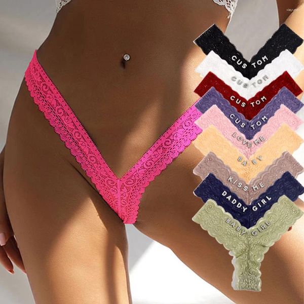 Bragas de mujer Custom Women Lace Thong V-String DIY Nombre Crystal Letter Bikini Ropa interior de cintura baja Calzoncillos femeninos Lencería