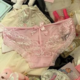 Culotte de femmes Deep V épisser Bowknot Mid Taist Breathable Hollow Out Sweet Lovely Princess Ice Silk Sexy Underwear Girls Briefs