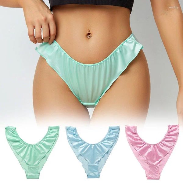 Bragas femeninas satén elásticas rufa sexy ropa interior de malla baja de cintura transparente entrepierna transpirable resumen sin costuras niña