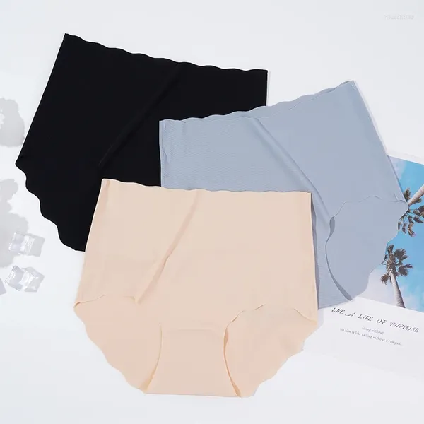 Culotte femme sous-vêtements sans couture en soie glacée confortable caleçon taille haute vague doux couleur unie Lingerie