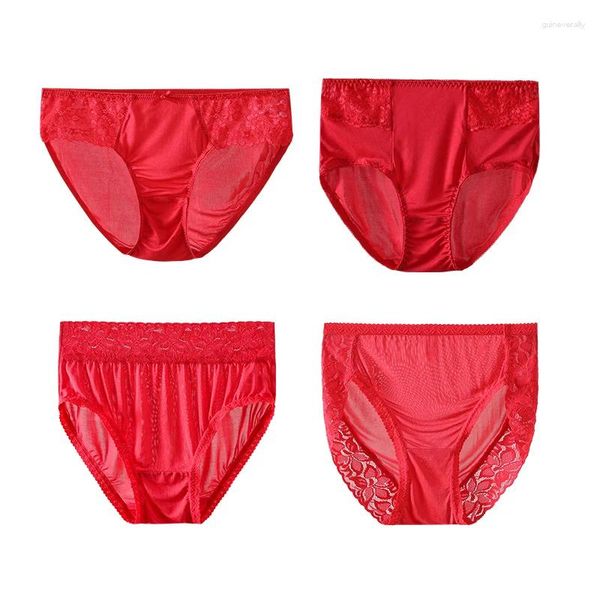 Bragas de mujer Ropa interior de encaje de seda genuina Rojo Cómodo Pantalones cortos y leggings triangulares de cintura media alta