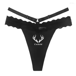 Bragas para mujer Chicas Ropa interior divertida Moda para mujer Traceless GString Sexy Lace Thong Cornudo Antlers Negro