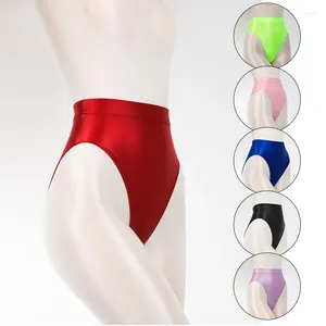 Culotte taille haute en Satin brillant pour femmes, sous-vêtements respirants, Lingerie Sexy, Look mouillé, culotte, bas brillant