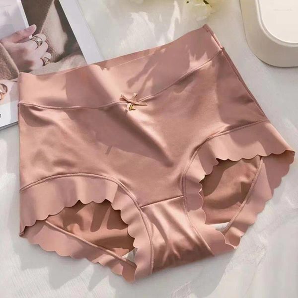 Culotte taille haute pour femmes, slip à garniture ondulée, sans couture, avec décor de nœud papillon, soie glacée lisse pour un confort optimal