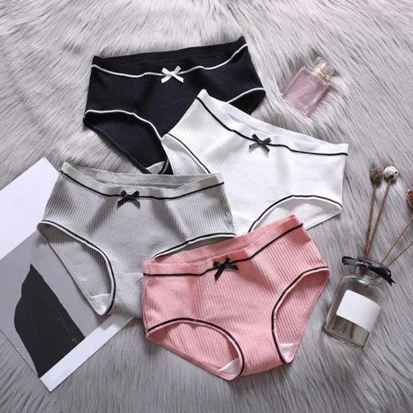 PALANTE DE FEMMES Couleur solide de style japonais Femmes Bowknot Decor Ribbed Mid-Rise Mignon Girls Briefs Soufflement Sou doux sous-vêtements