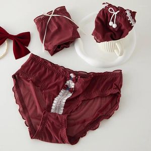 Culotte femme L-XL sous-vêtements culotte Sexy dentelle fille nœud papillon vin rouge slips taille moyenne sans couture caleçon femme Lingerie