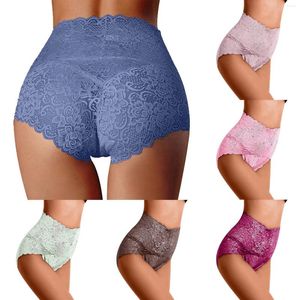 Bragas de mujer Ropa interior abdominal con bordado de encaje Cintura alta Warp Nalga Calzoncillos de gran tamaño sexy Calzoncillos transpirables de color sólido para mujer