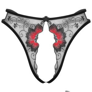 Culotte Femme Dentelle Ouvert Entrejambe String Lingerie Sous-vêtements Érotiques Femmes Maille Transparent Strings Taille Basse Crotchless Brodé G-St Dh0Pt