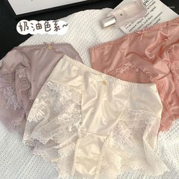 Bragas de mujer ropa interior grande de cintura alta Sexy encaje Costura de malla seda hielo satén Mulberry entrepierna Bowknot Boxers