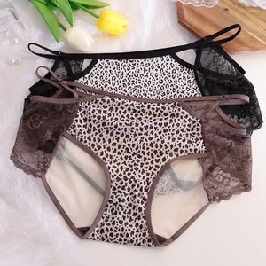 Dames slipje Luipaardprint Meisjesijszijden ondergoed met contrasterende kleur Sexy Kant Dunne riem Uitgeholde billen Lage taille Slip