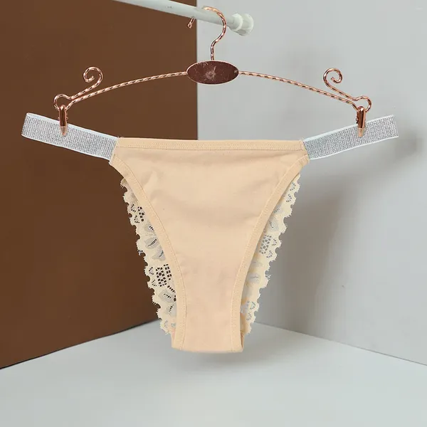 Culotte en dentelle creuse pour femmes, Lingerie taille basse, couleur unie, haute élasticité, ruban argenté, string en coton