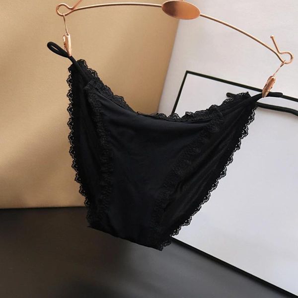 Bragas de mujer, calzoncillos de cintura baja, ropa interior de entrepierna de algodón de Color sólido, encaje Sexy negro, lencería íntima