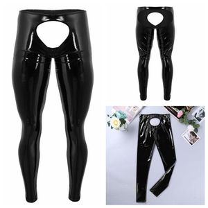 Culottes pour femmes Lingerie pour hommes Lingerie en cuir verni brillant Dos ouvert et poche Pantalon serré Leggings sans entrejambe Pantalon Sexy Male267y