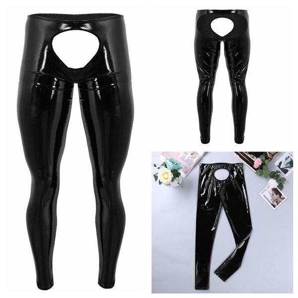 Bragas para mujer Lencería para hombre Charol brillante Espalda abierta y bolsa Pantalones ajustados Leggings sin entrepierna Pantalones Sexy Male267y