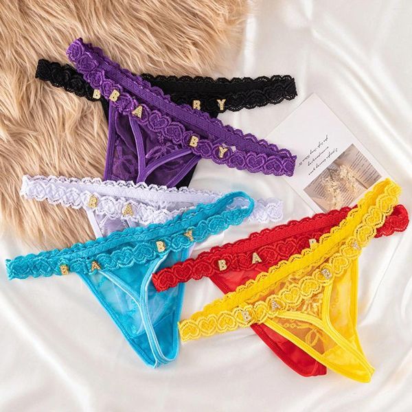 Culotte Femme Métal Strass Lettre String Sexy Sous-Vêtements En Dentelle Bikini Femme Lingerie Sous-Vêtement Couleur Unie Sous-Vêtements Intimates