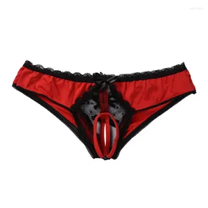 String en dentelle et maille pour femmes, entrejambe ouvert, Sexy, nœud papillon ajouré, Lingerie érotique, taille basse, sous-vêtements sans entrejambe