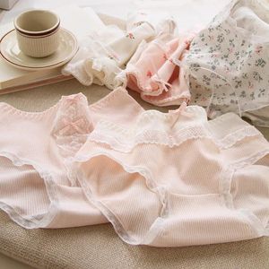 Culotte rose à petits motifs floraux pour femmes, joli nœud en dentelle, sous-vêtements en coton doux pour filles, slip d'étudiant à fleurs cassées