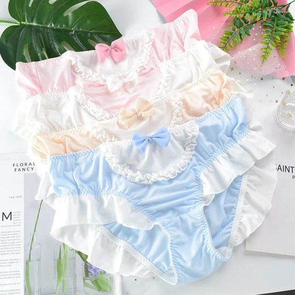 Culotte Femme Sexy Bowknot Kawaii Mi-taille Brief Ice Soie Lingerie Lolita Dentelle Femmes Briefs Maid Cosplay Japonais JK Filles Sous-Vêtements