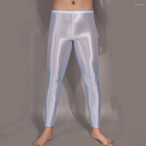 Bragas para mujeres hombres sexy aceite elástico brillante pantalones transparentes brillantes que forman lingerías de las piernas pantalones de pijama sinugurados masculinos suaves