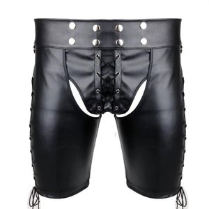 Vrouwen Slipje Sexy Mannen Kunstleer Side Lace-up Bondage Harnas Broek Gothic Lingerie Open BuOpen Cortch Shorts Gay fetish238J