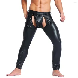 Culotte de femmes sexy mens faux cuir skinny pantalon serré club legging club de nuit pantalon pu noir danseur ouvert