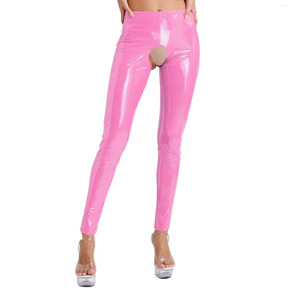 Bragas para mujeres sexy patente de patente leggings de entrepierna abierta cintura alta sin cañón flaco pantalones largos