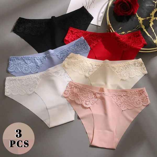 Culottes en soie respirante en dentelle douce pour femmes, sous-vêtements de glace, Lingerie pour dames, slips simples et sexy à la mode 3 pièces/ensemble