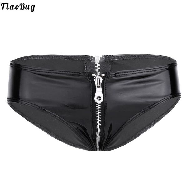 Culotte Femme TiaoBug Noir Femmes Lingerie Brillant Cuir Verni Fermeture Éclair Entrejambe Taille Basse Bikini Slip Sous-Vêtements Sous-Vêtements