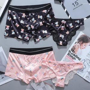 Bragas para mujer, conjunto de ropa interior de dos piezas a juego para parejas, calzoncillos tipo bóxer para hombres y mujeres, calzoncillos sexis con estampado de dibujos animados a la moda