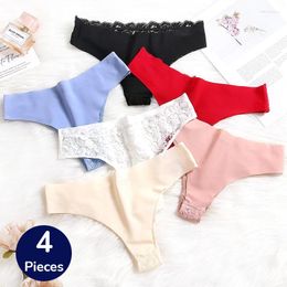 Pantidas de mujeres Warmsteps 4pcs Set Lace Thongs Sexy Lingerie Hollow Out Femenino Azal Azulada Mesh G-Strings acogedor