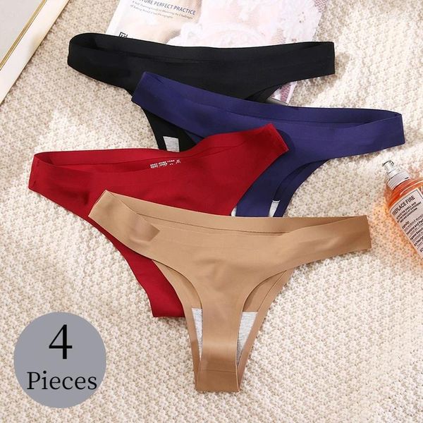 Bragas femeninas calientes 4pcs/set Sexy Women Silk Satin Femenina Tangas lencería suave acogedor ropa interior G-Strings Seamless Sports T-back