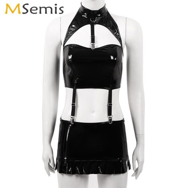 Culotte Femme Femmes Érotique Latex Mini Jupe Avec Halter Découpe Crop Top Clubwear Rave En Cuir Verni Tenue Sexy Wet Look B2399