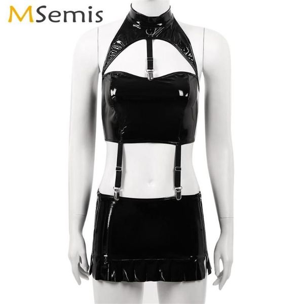 Culotte Femme Femmes Érotique Latex Mini Jupe Avec Halter Découpe Crop Top Clubwear Rave Cuir Verni Tenue Sexy Wet Look B285D