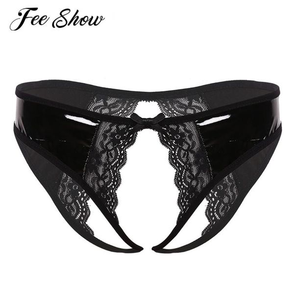 Culotte Femme Lingerie Exotique Érotique Sexy Ouvert Entrejambe Porno Dentelle Florale Sous-Vêtements Wet Look Cuir Verni Crotchless Briefs