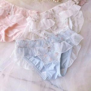 Culotte Femme Femmes Lait Soie Lisse Douce Fleur Broderie Luxe Avancé Volants Sous-Vêtements Princesse Style Mignon Belle Sweety Breifs