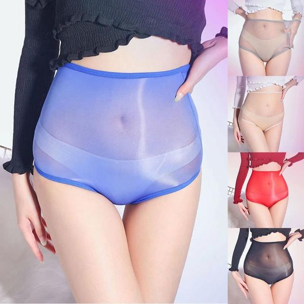 Bragas de mujer Calzoncillos sedosos brillantes al óleo para mujer Lencería transparente Color sólido Ropa interior de cintura alta brillante Pantalones triangulares elásticos