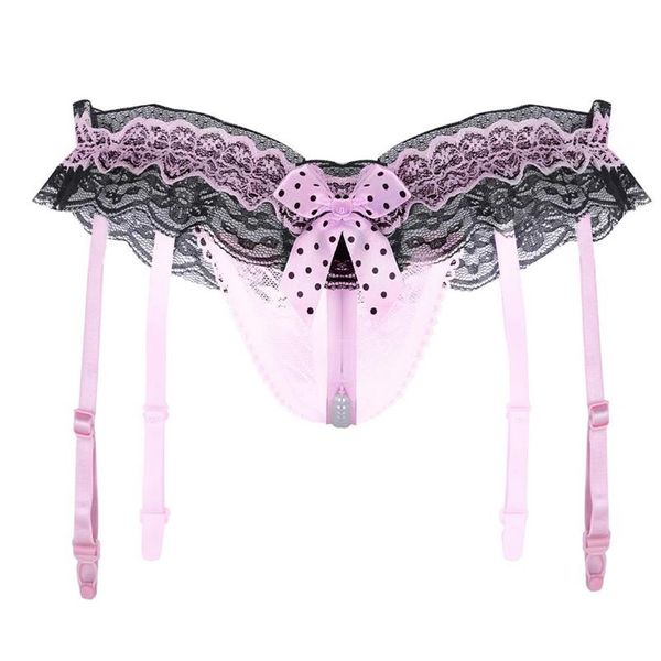 Bragas de mujer Mujeres Ver a través de Pearl Crotchless Erótico G-String Floral Lace Low Rise Ruffle Bowknot Lencería Tangas con G314M