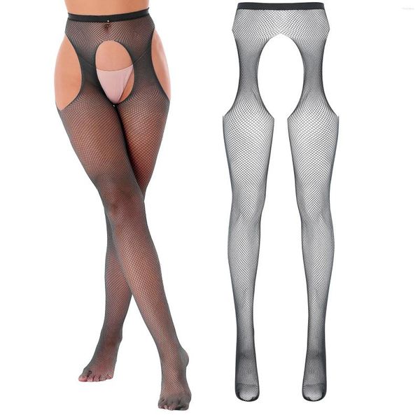 Pantidas de mujeres Mujeres Sexy Mesh Bantyhose Hollow Out Abre Chroch Stockings Corte de cintura alta, medias sin cañones, Leggings Lencería exótica