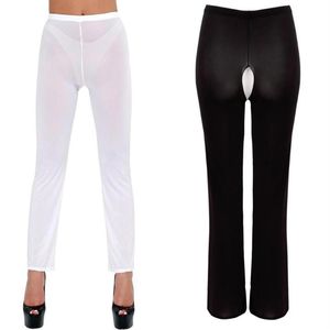 Femmes Sexy Skinny Brillant Crayon Pantalon Pantalon Brillant Sheer Crotchless Leggings Transparent Voir À Travers Linger236v